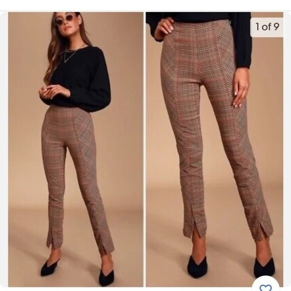 Free People Plaid Skinny Pants Womens 4 Tan Orange Split Hem High Rise Trousers